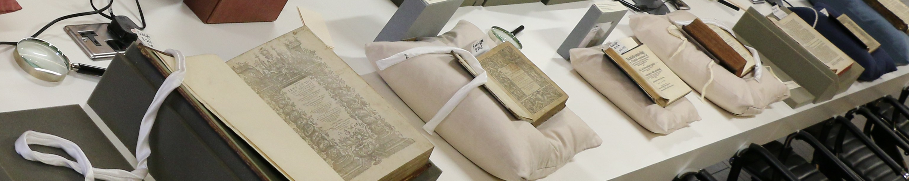 Selection of rare books open on a table